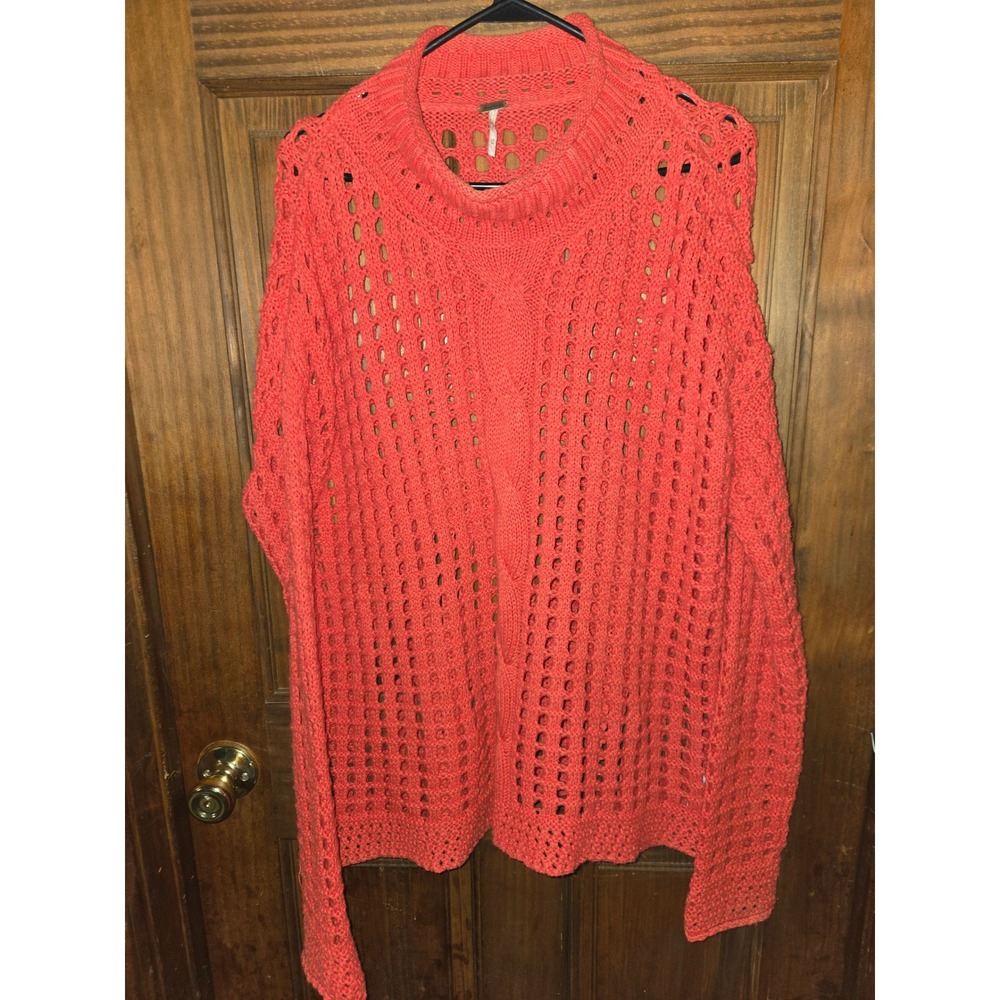 Free People Coral Open Knit Mock Neck Cable‎ Detail Sweater Womens Size Medium
